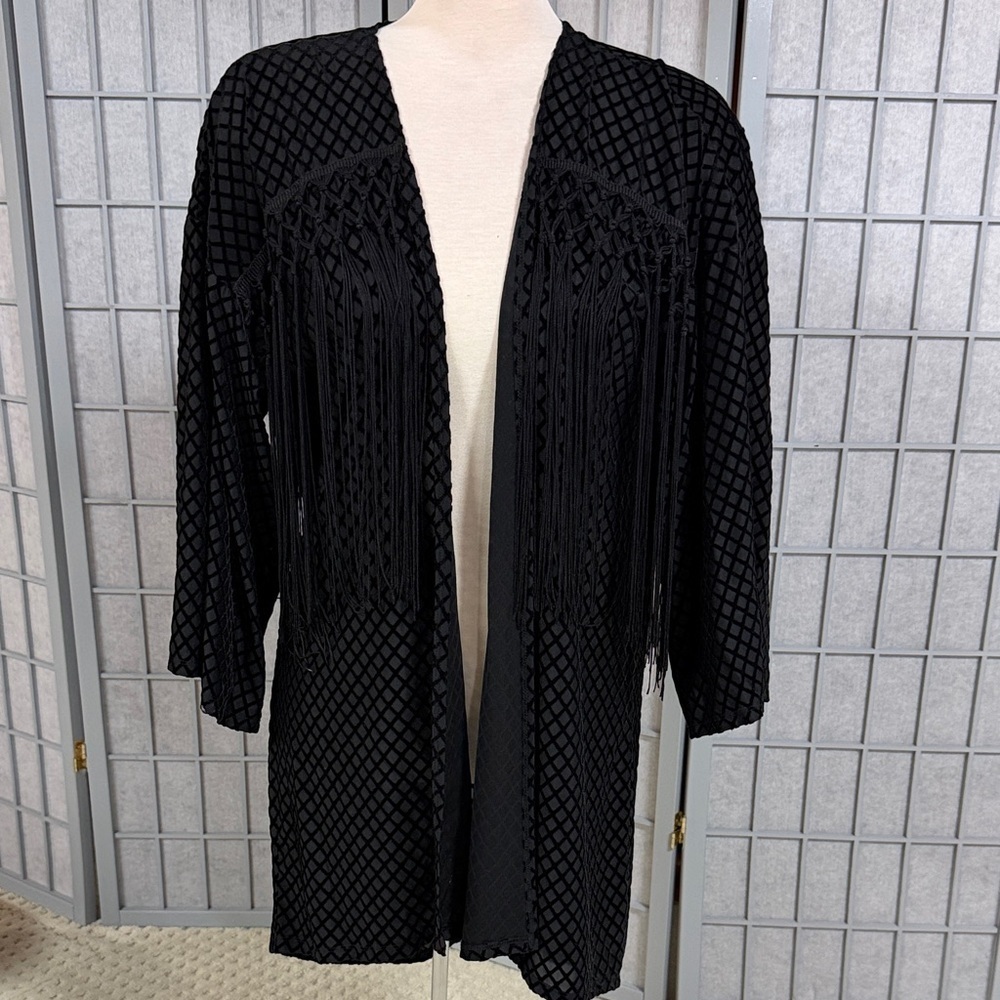 Gilbert, Chic Black Fringe Kimono, Size Small